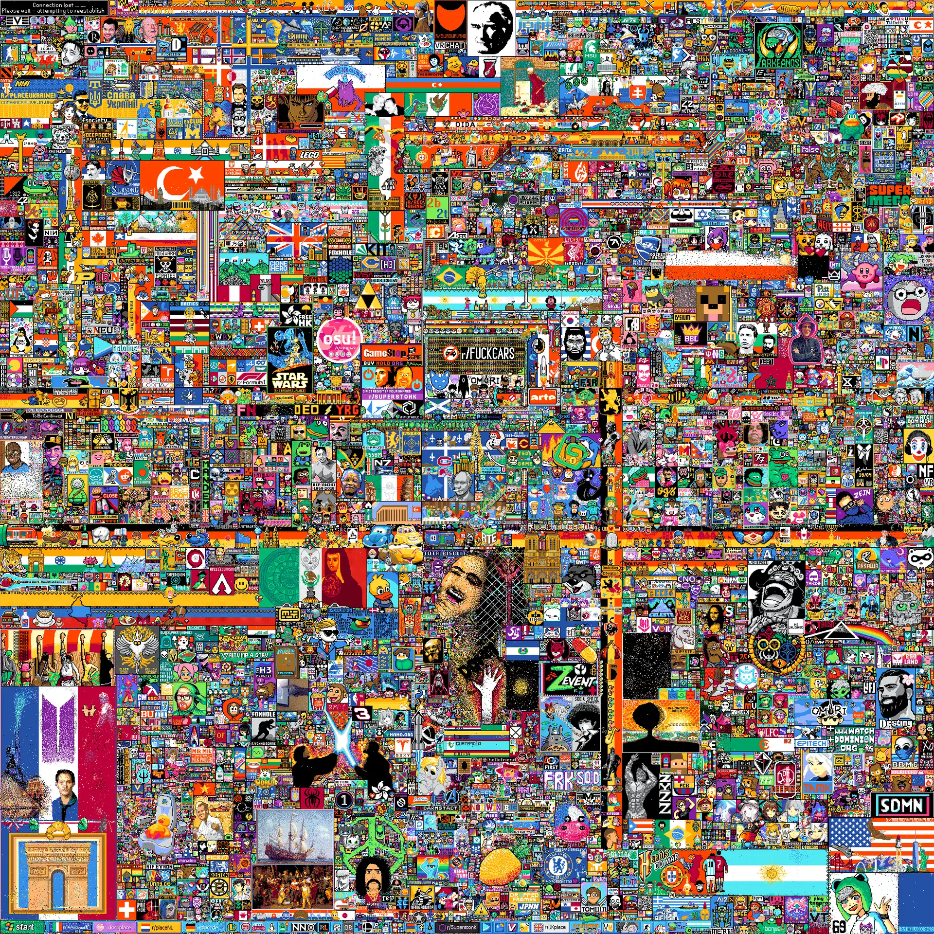 R/Place canvas, many diffrent artworks made by thousands of communities
