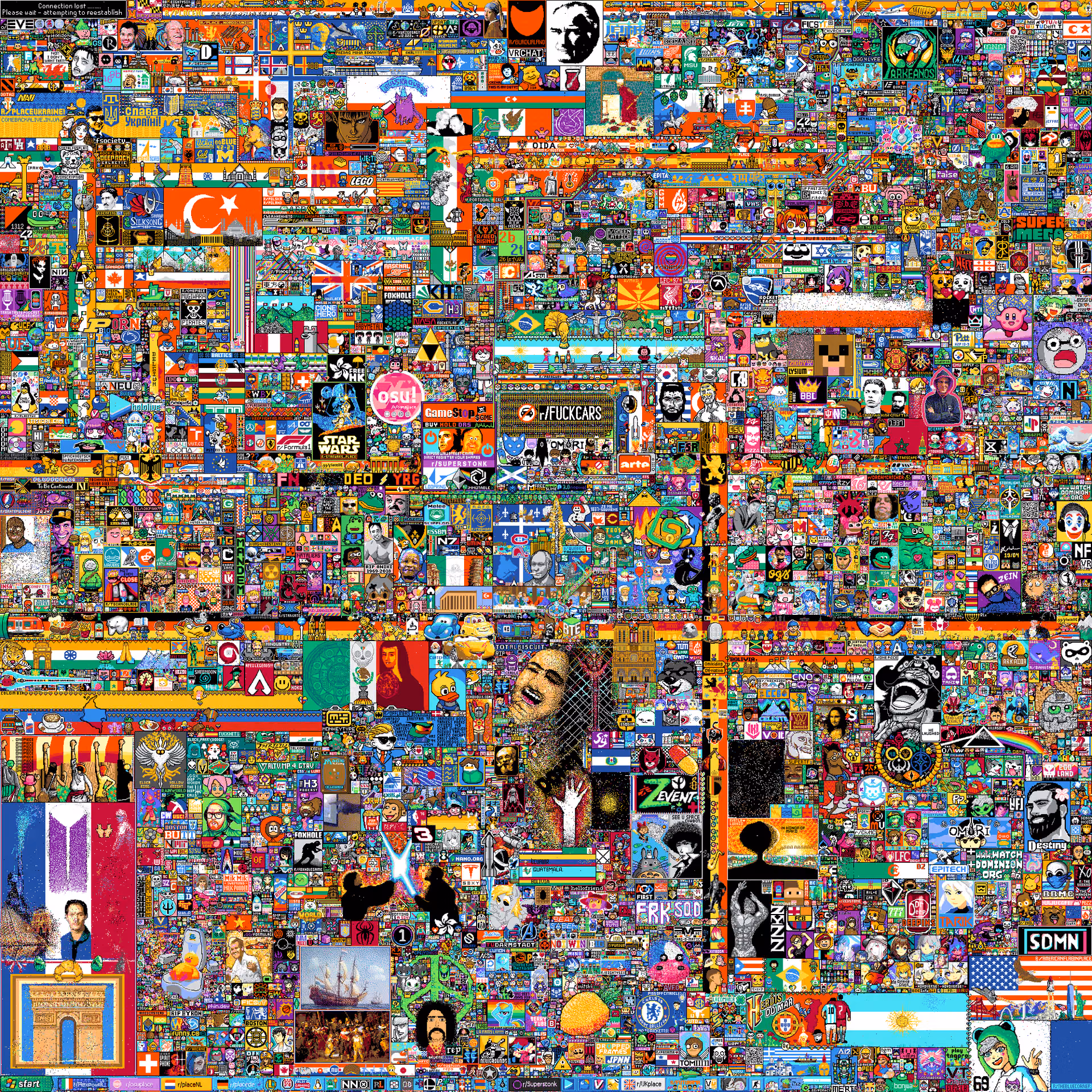 R/Place canvas, many diffrent artworks made by thousands of communities